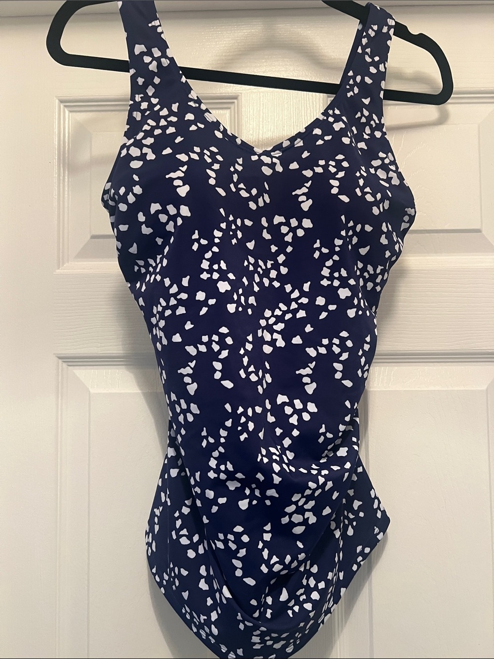 Kim Gravel Navy Blue and White One-Piece Swimsuit